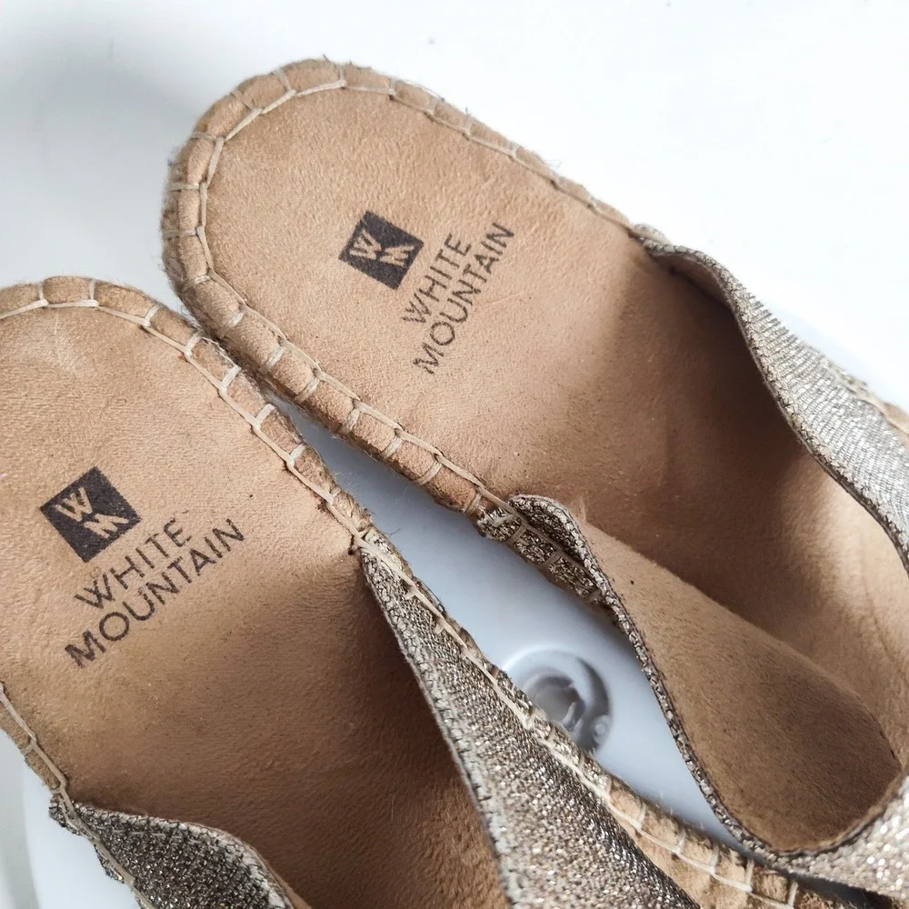 White Mountain Sandals Size 10 Espadrilles Wedges‎ Open Toe Mules Gold Glitter